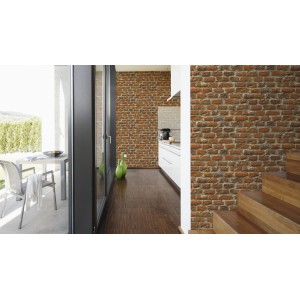 A.S. Creation Vliestapete Naturals mit Backsteinmuster in Wohnraum-Szene.