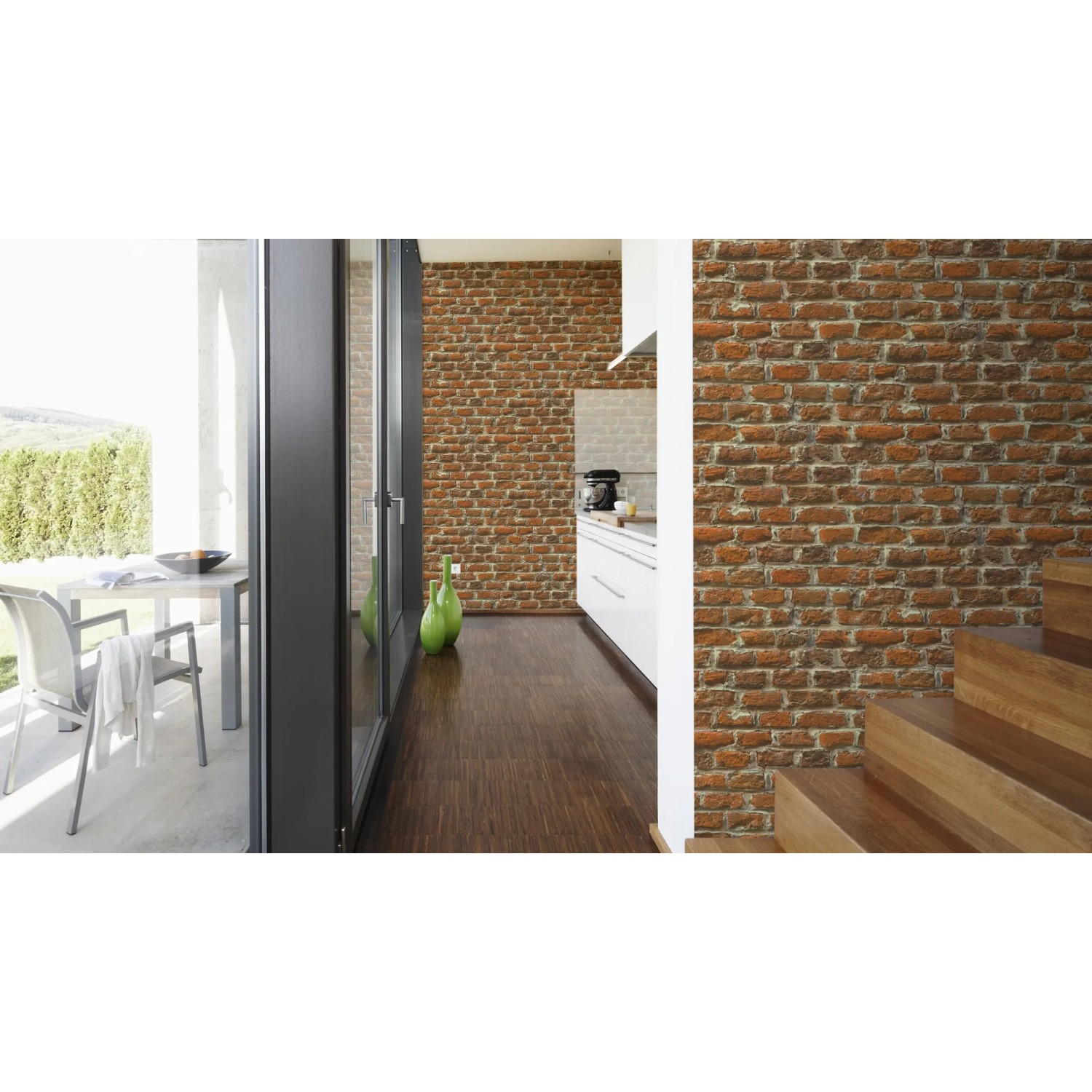 A.S. Creation Vliestapete Naturals mit Backsteinmuster in Wohnraum-Szene.