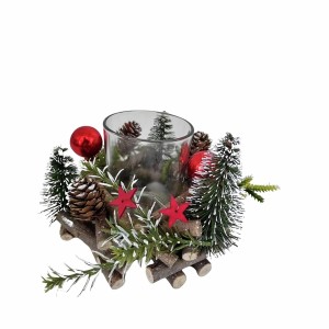 Mehrfarbiges Boltze Windlicht Lilith mit Zapfen, Kugeln und Tannenbäumen als Weihnachtsdekoration.