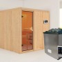 Karibu Sauna Rikka mit Edelstahl-Ofen und externer Steuerung aus naturbelassenem Holz.