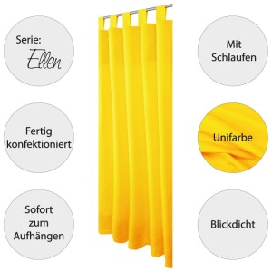 Gelber, blickdichter Dekoschal Ellen im 2er-Pack mit Schlaufenaufhängung für Gardinenstangen.