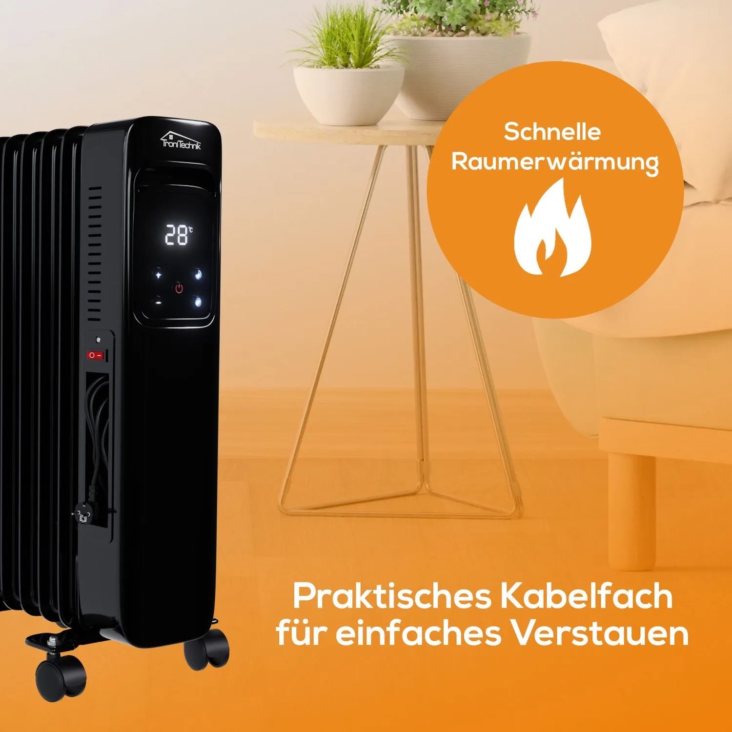 Schwarzer TroniTechnik Ölradiator TT OR 307 mit 7 Rippen, 1500W und WiFi Funktion.
