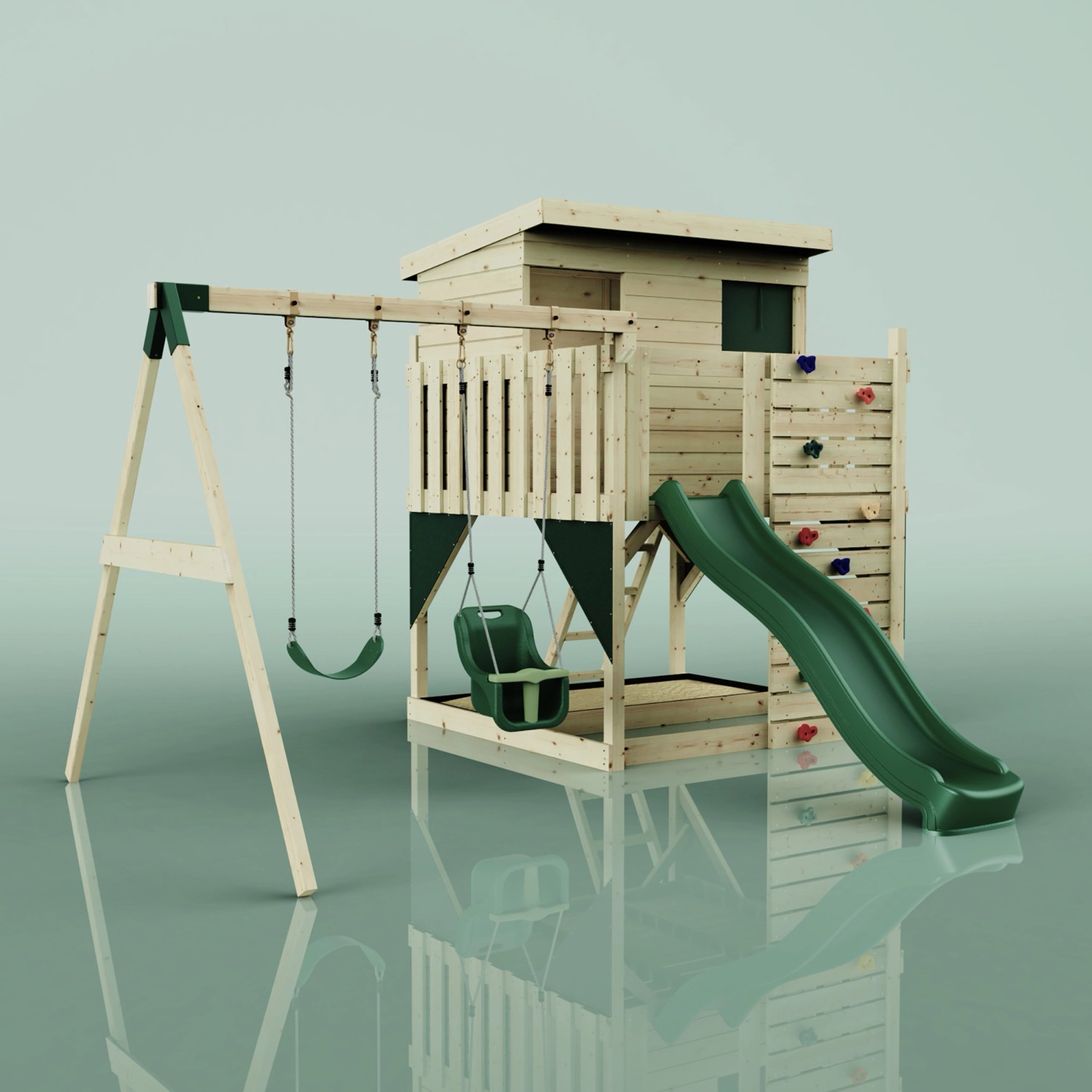 PolarPlay Spielturm Nils mit Babyschaukel und Rutsche, aus Holz.
