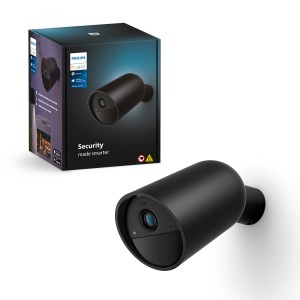 Schwarze Philips Hue Secure kabellose Kamera mit Verpackung für Innen und Außen.