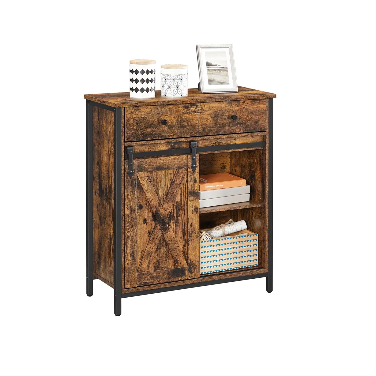 Vasagle Beistellschrank im Braun-Schwarz Design mit Schiebetür, Schubladen und Regalfächern.