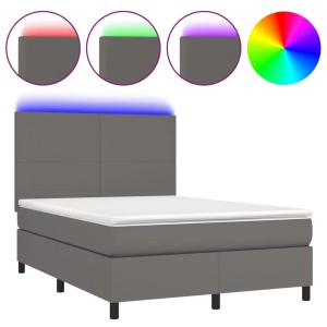Graues vidaXL Boxspringbett 140x200 mit LED und Matratze aus Kunstleder.