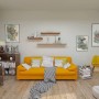 Wohnzimmer mit holz4home Wandregalen aus Eiche mit Baumkante in Natur an der Wand.