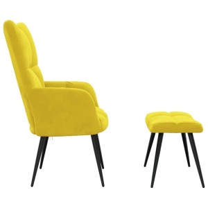Senfgelber Relaxsessel mit Hocker, Samtbezug und schwarzen Beinen.