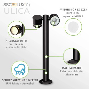 Schwarze SSC-LUXon Ulica Sockelleuchte für außen mit zwei schwenkbaren GX53 Fassungen.