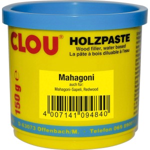 Clou Holzpaste, wasserverdünnbar, Farbton Mahagoni, 150g Dose. Zum Ausbessern von Holzschäden im Innenbereich.