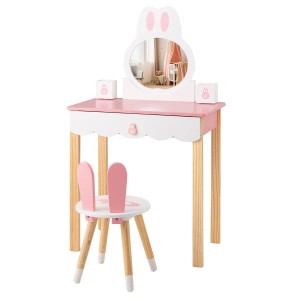 Rosa Kinder Schminktisch mit Hasenohren-Spiegel, passendem Hocker und Aufbewahrungsboxen aus Holz.