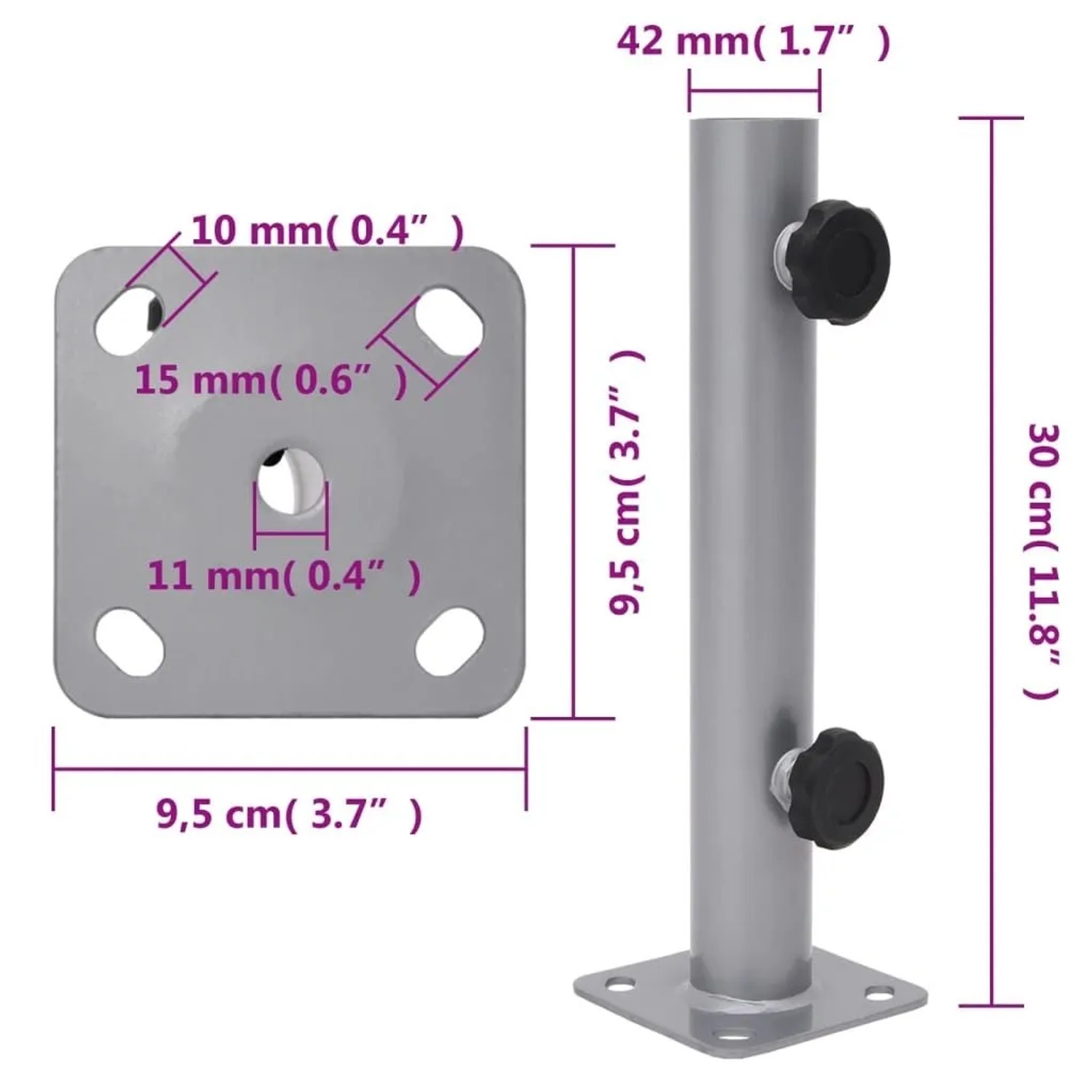 Silberner Sonnenschirmständer aus pulverbeschichtetem Stahl mit verstellbarer Mastaufnahme für Ø32/34/38 mm. Ideal für Terrasse.