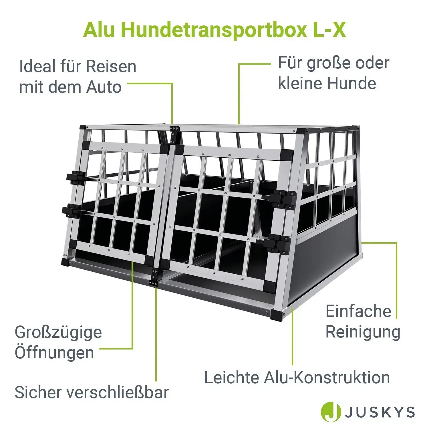 Juskys Alu Hundetransportbox L-X für mittelgroße Hunde, sichere Reisebox mit Gittereinsätzen.
