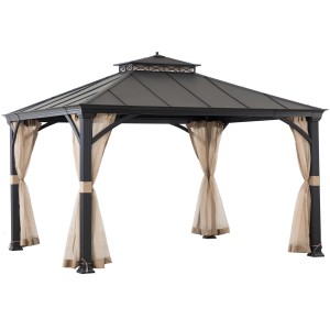 Schwarzer Sunjoy Gazebo Torre Zedernholz mit Vorhängen, 385x324 cm. Pavillon mit Stahlrahmen und Dach.
