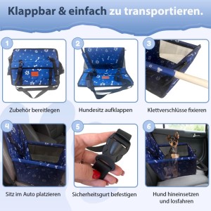 Petsation Hundeautositz, blau, mit Montageanleitung in 6 Schritten.