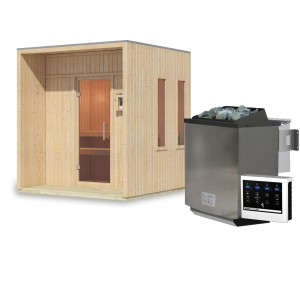 Karibu Saunahaus Almeria mit Ofen (9 kW Bio Extern), naturbelassen, mit Terrasse und Ganzglastür.