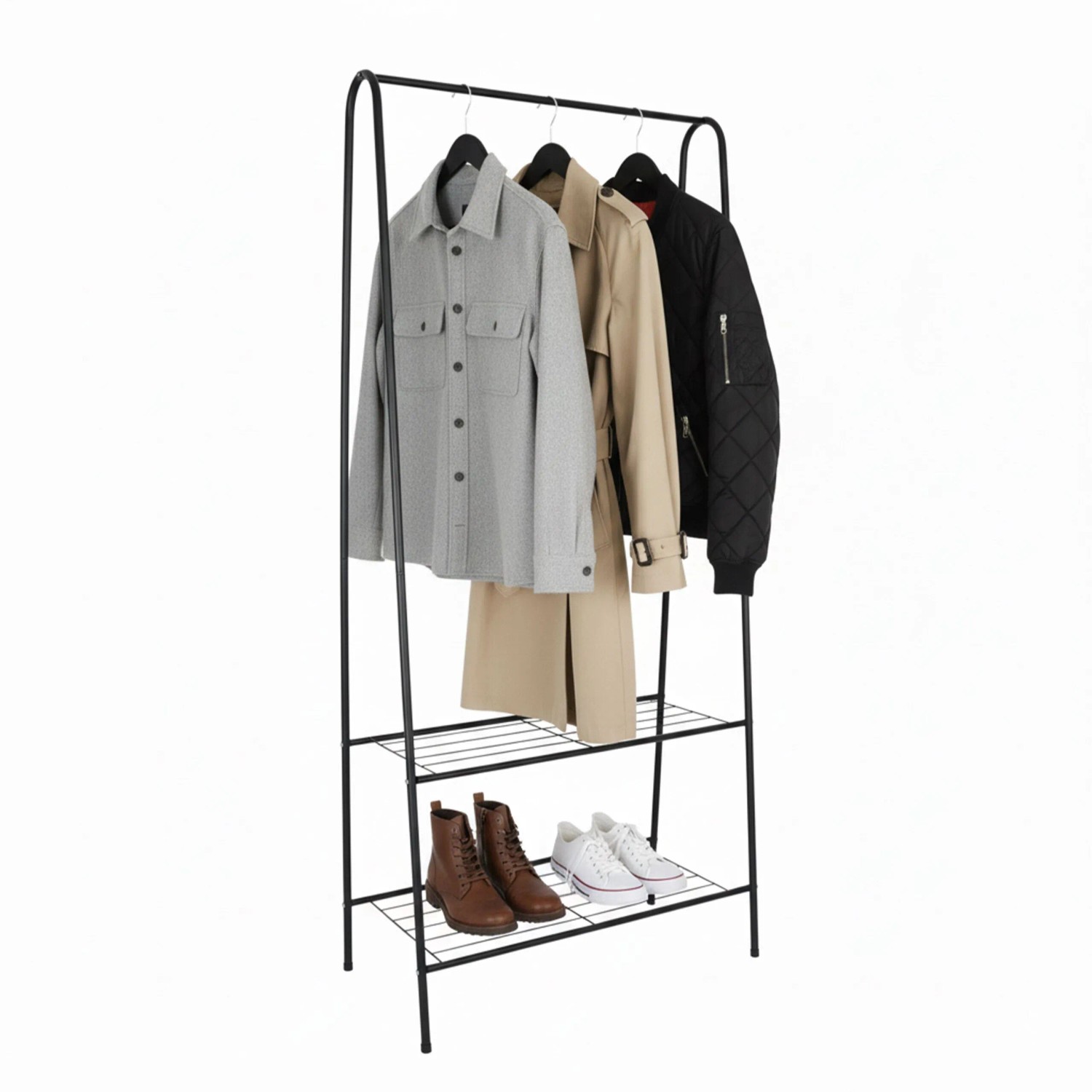 Relaxdays Kleiderständer Eisen Schwarz mit 2 Ablagen 151 cm x 60 cm x 34,5 cm