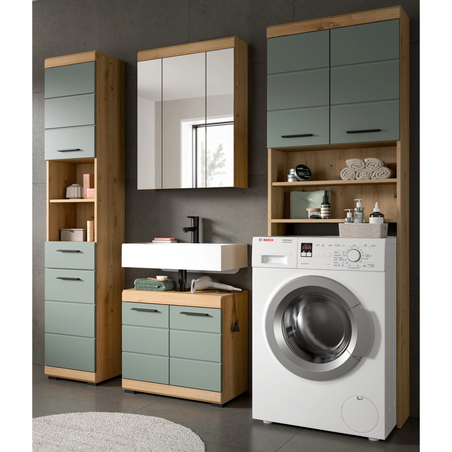 Inn.Furn Badmöbel Set 190 cm in Grün und Eiche 4-teilig Shawn günstig online kaufen