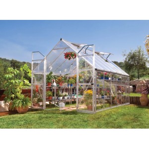 Palram Canopia Balance Gewächshaus (3.7x2.4m) mit klaren Seitenwänden und geöffneten Türen.