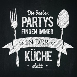 Glasbild "Küchenpartys" 20x20 cm mit Spruch und Besteck-Motiv für die Küche.