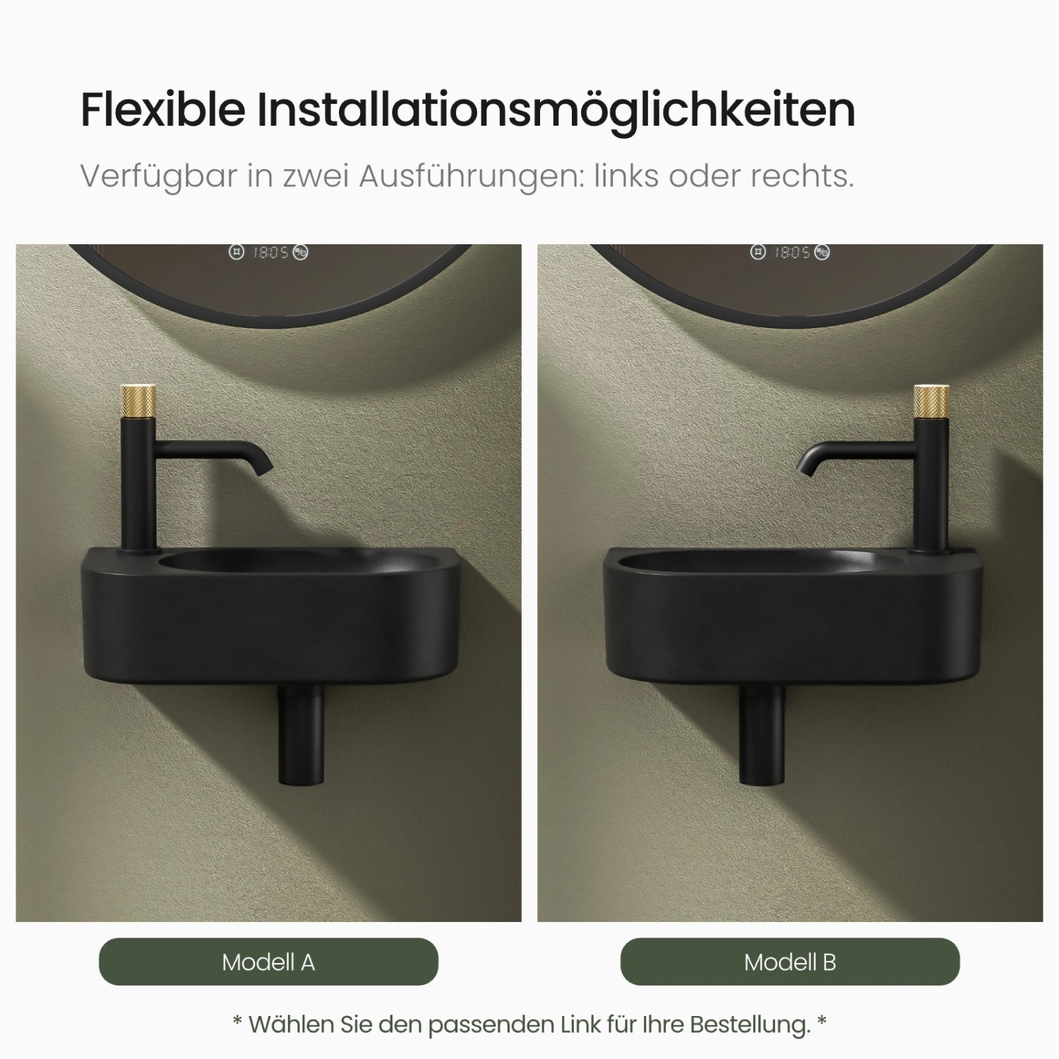 Emke Handwaschbecken, mattschwarz, mit Hahnloch links und rechts. Keramik Waschbecken für Bad oder Gäste-WC.