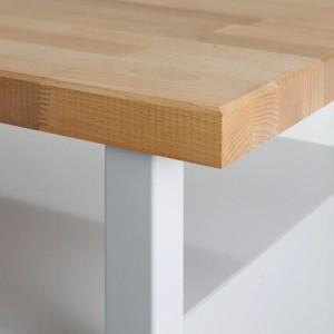 Detailansicht: PROREGAL Werkbank Slim Rhino mit Buchenholzplatte und Ablage.