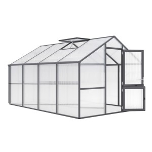 KGT Gewächshaus Nelke IV in Anthrazit-Grau, 2,97 x 4,29 m mit geöffneter Tür und Dachfenster.