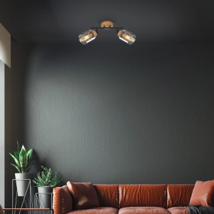 Brilo Deckenleuchte Hema mit Rauchglas und Holzbasis, schwenkbar, E27 Fassung, 28 cm.