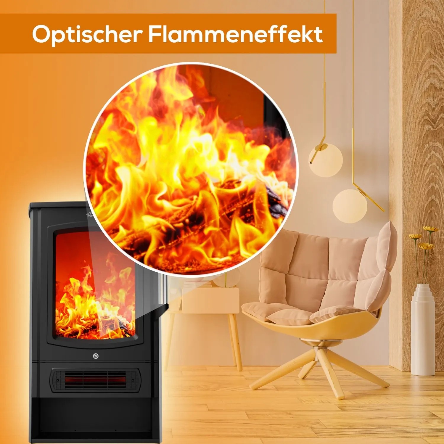 Schwarzer TroniTechnik Elektrokamin mit LED-Flammeneffekt im Wohnraum.