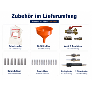 Zubehörset für AEROCAP 501 Sandstrahlgerät: weiße Schutzhaube, oranger Trichter, Ventile, Anschlüsse, diverse Düsen, Strahlpistole.