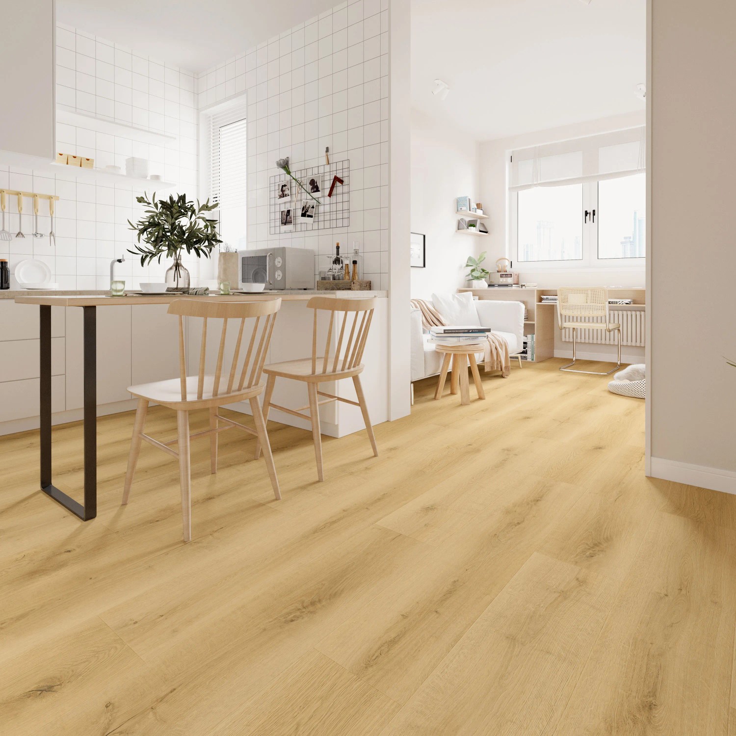 Heller Vinylboden Eiche Bergen mit Korkdämmung in modernem Wohnraum.