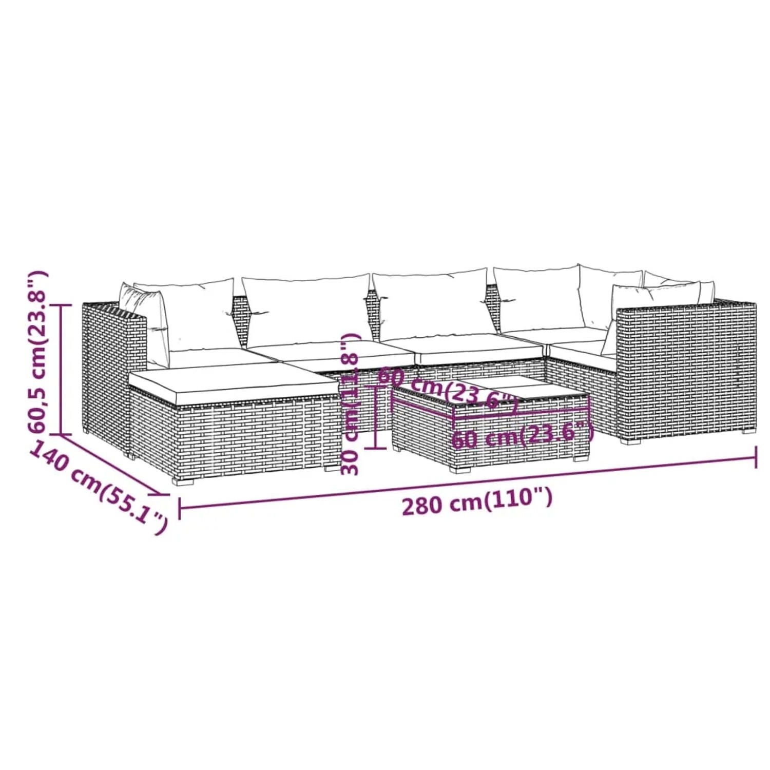 Graues 7-tlg. vidaXL Garten Lounge Set aus Polyrattan mit anthrazitfarbenen Kissen und Tisch, Maße sind eingezeichnet.