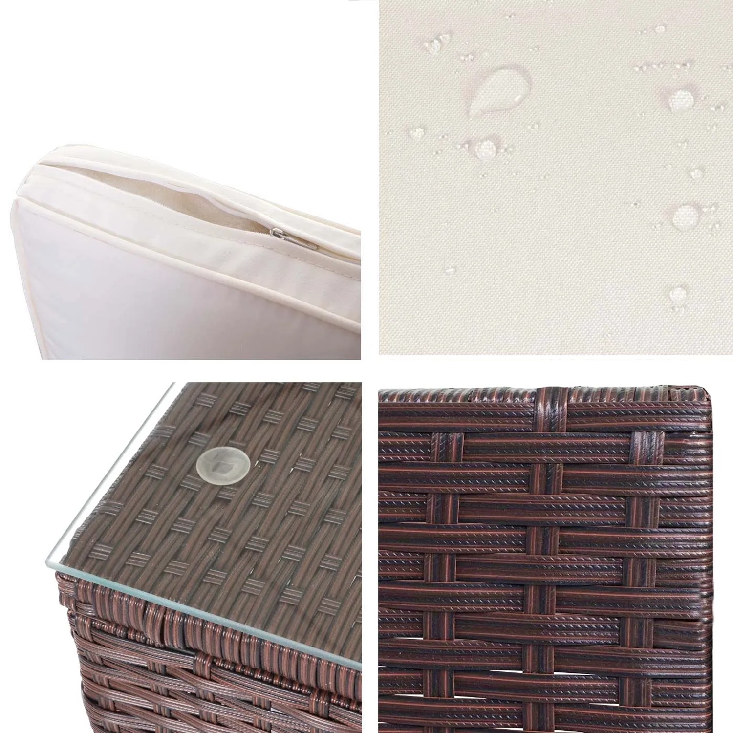 Detailansicht: Poly-Rattan Lounge-Garnitur Busto in Braun mit Creme Kissen, wasserabweisende Bezüge, Glasplatte.