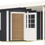 Lasiertes Weka Holz-Gartenhaus mit Flachdach und Anbau, Farbe Anthrazit, Tür geöffnet.