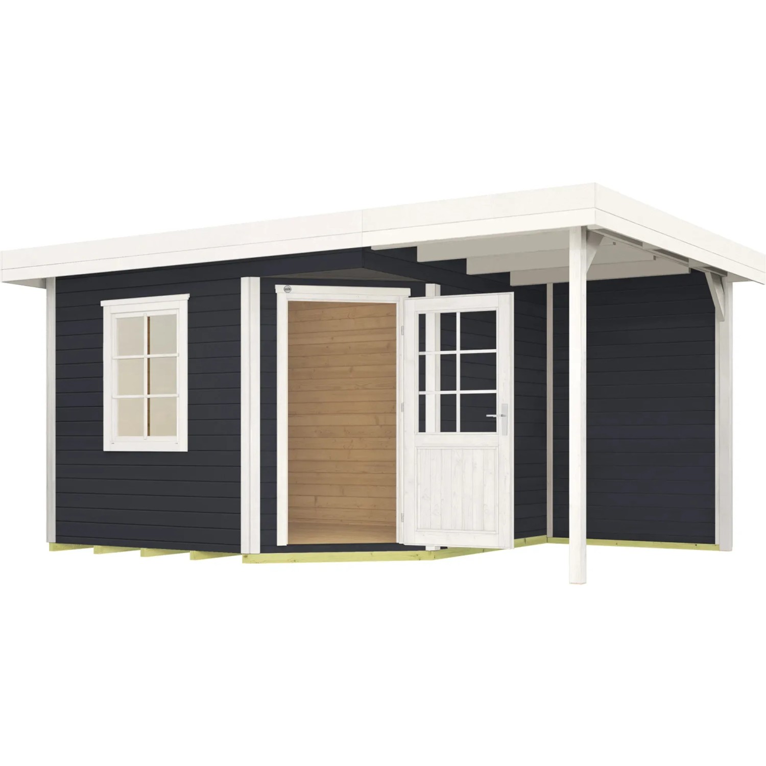 Lasiertes Weka Holz-Gartenhaus mit Flachdach und Anbau, Farbe Anthrazit, Tür geöffnet.