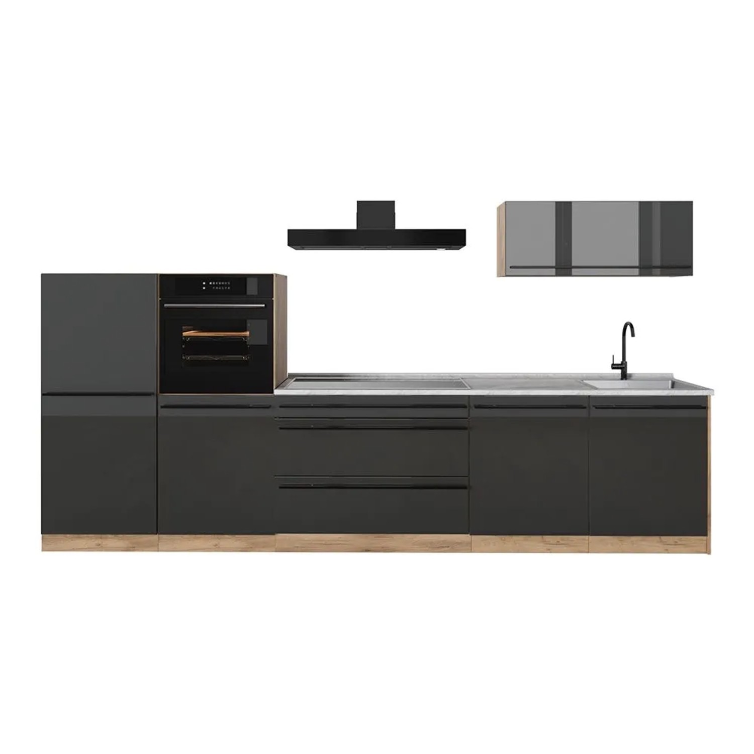 Vicco Küchenzeile R-Line Anthrazit Hochglanz/Goldkraft Eiche 340 x 143 Arbeitsplatte Marmor Art Nr 66527