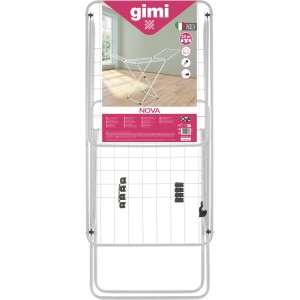 Zusammengeklappter, weißer Gimi Wäscheständer Nova mit 20m Trockenlänge.