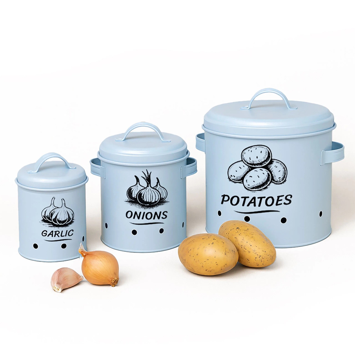 Relaxdays Kartoffel Aufbewahrungsbox 3er Set Stahl Hellblau Belüftet 21 cm x 26 cm x 23,5 cm