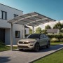 Ximax Carport Portoforte-110 im Edelstahl-Look mit Auto. Einzelcarport mit transparentem Dach.