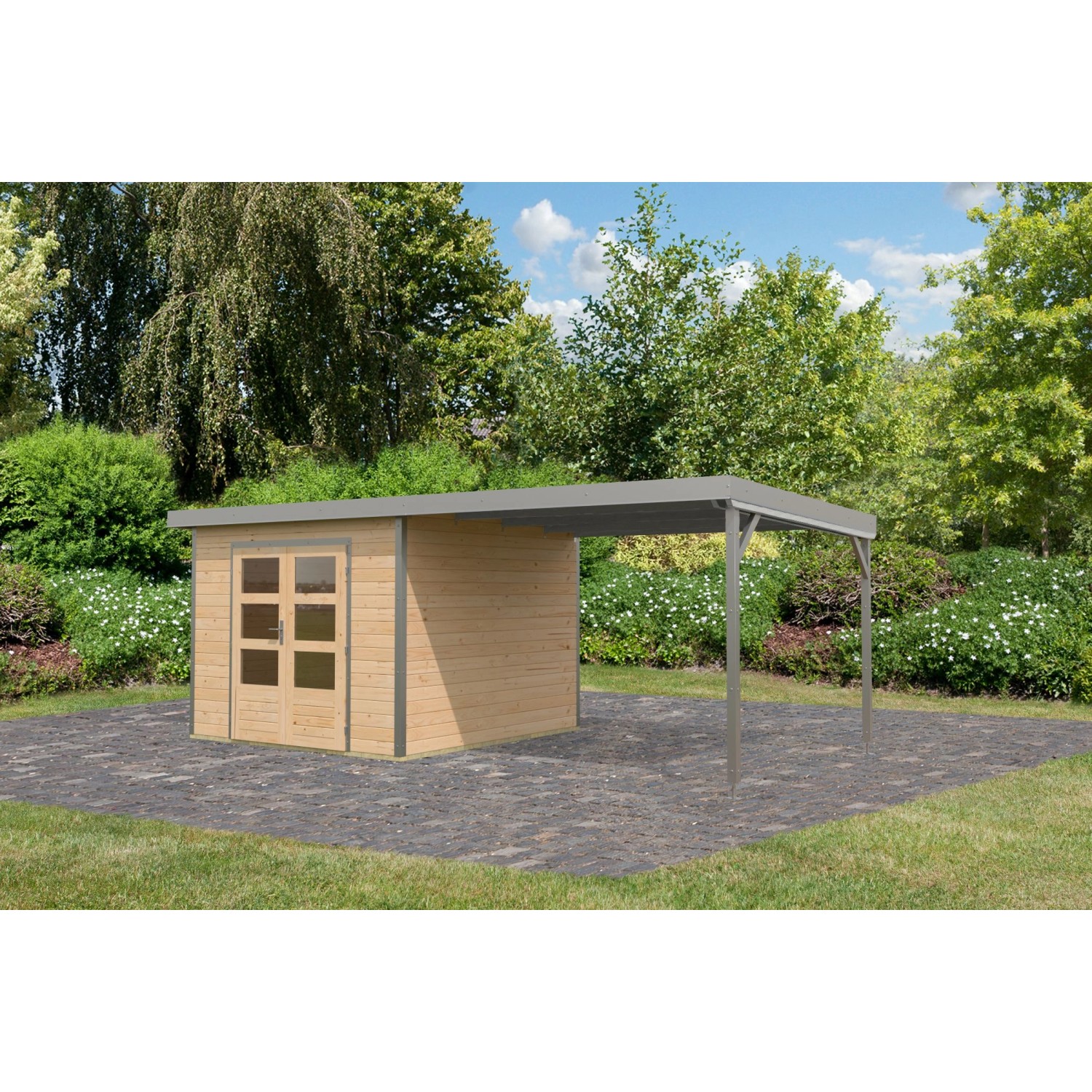 Karibu Gartenhaus Domingo A m. Anbaudach Naturbelassen/Grau 218,5 x 270 x 2 günstig online kaufen