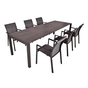 DELUKE Garten-Sitzgruppe HAUKE 7-tlg. Kunststoff Grau Gartenmöbel-Set Garten-Essgruppe Stapelstühle B Esstisch Ausziehbar