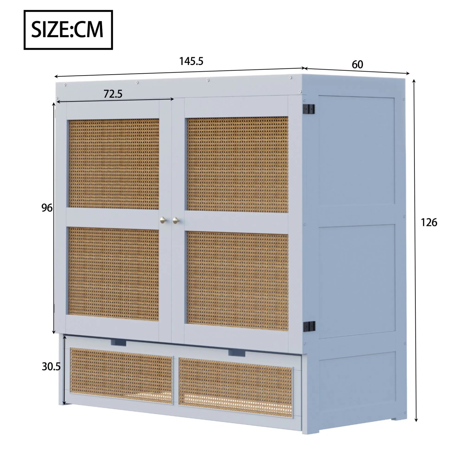 Graues Schrankbett 140x200 mit Rattan-Fronten und Schubladen, geschlossen als Jugendbett oder Wandklappbett.