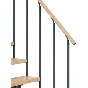 Dolle Mittelholmtreppe Cork, Buche/Anthrazit, mit Holzhandlauf und Metallgeländerstäben.