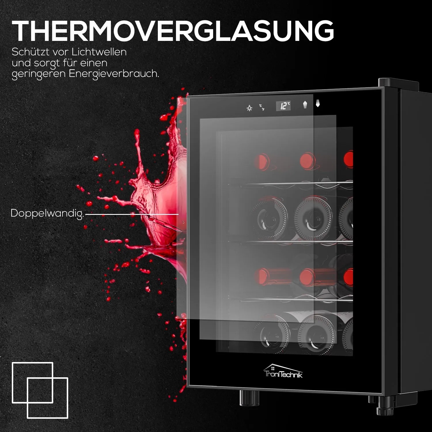 TroniTechnik Weinkühlschrank Bordeaux mit Thermoverglasung und 12 Weinflaschen.