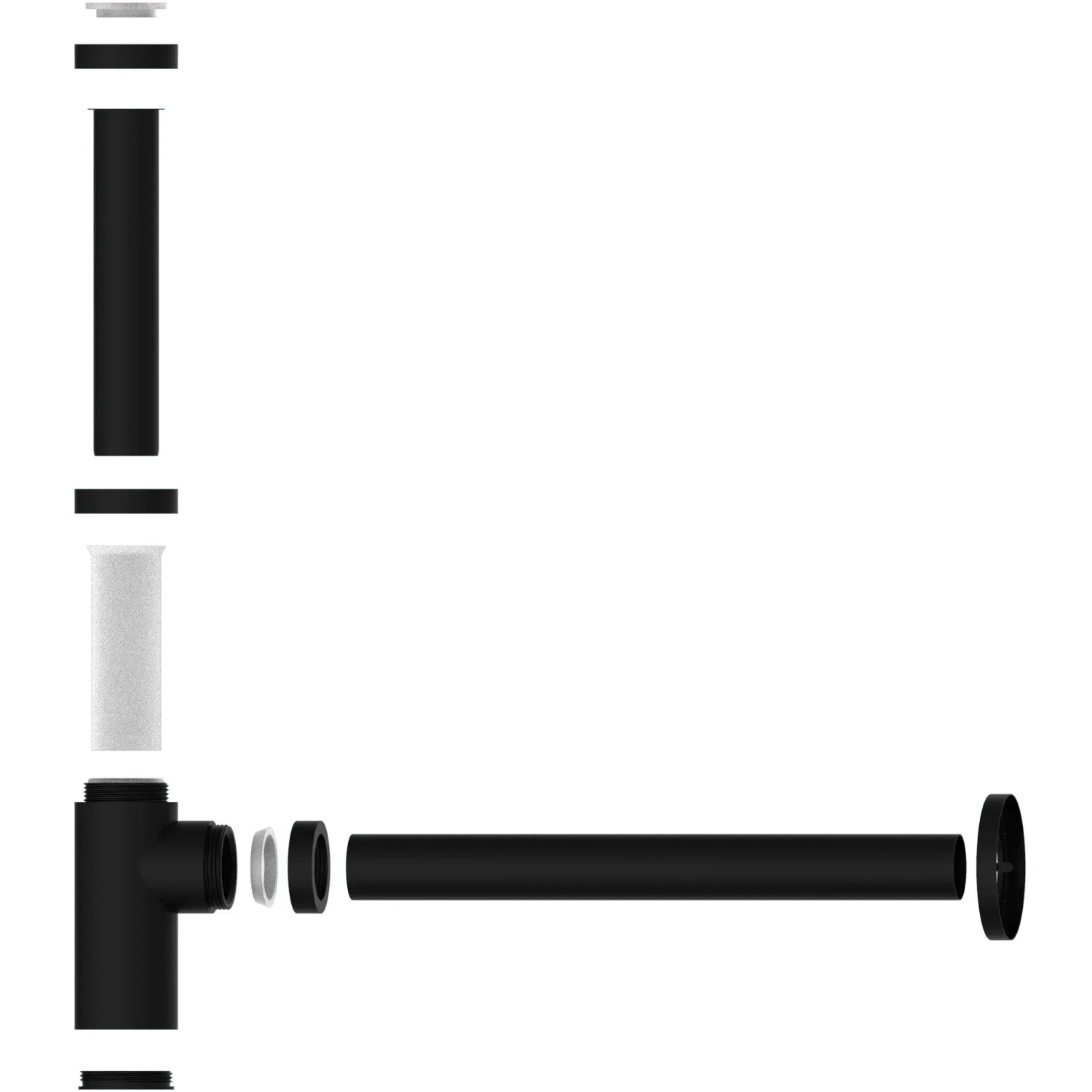 Kirchhoff Design Waschbecken Siphon, mattschwarz, mit Wandrosette und Dichtungen.