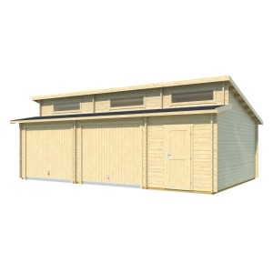 Lasita Garage Hawaii Set aus unbehandeltem Holz mit Schwingtoren, 780x520cm.