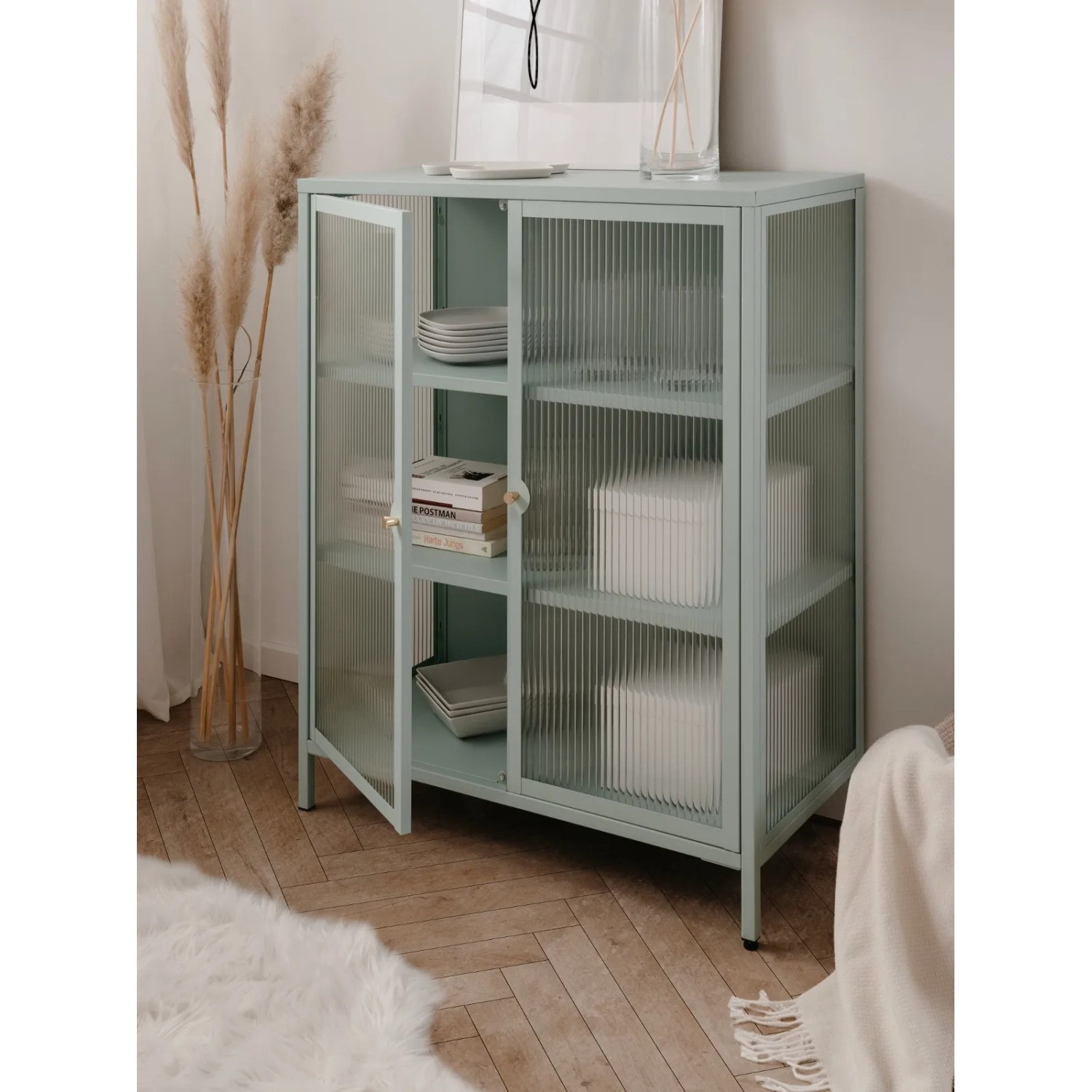 Furn.Design Vitrine Metall Mintgrün 80 x 102 cm 2-türig 3 Fächer Maram_4
