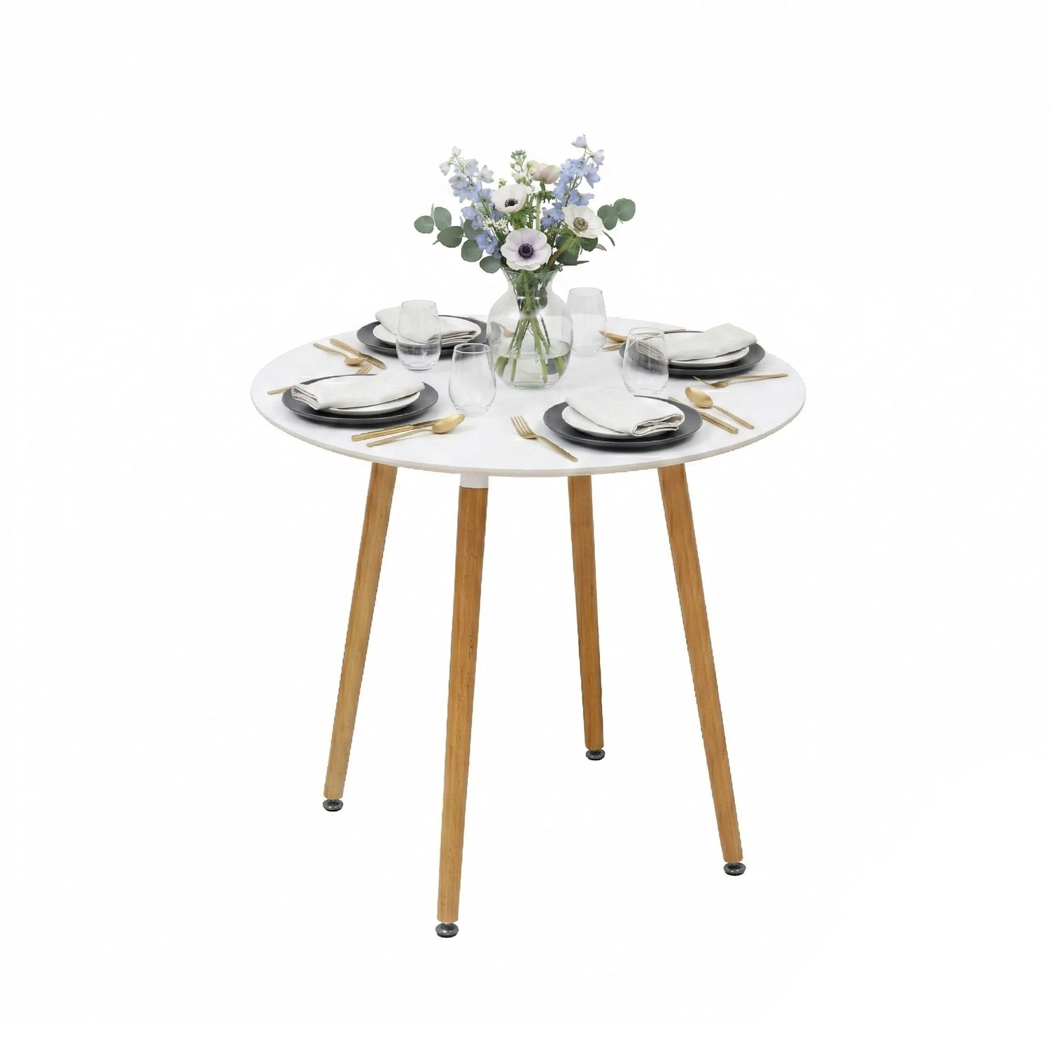 Relaxdays Esstisch Rund Bambus MDF Stahl Weiß Verstellbare Füße 75 cm x 80 cm
