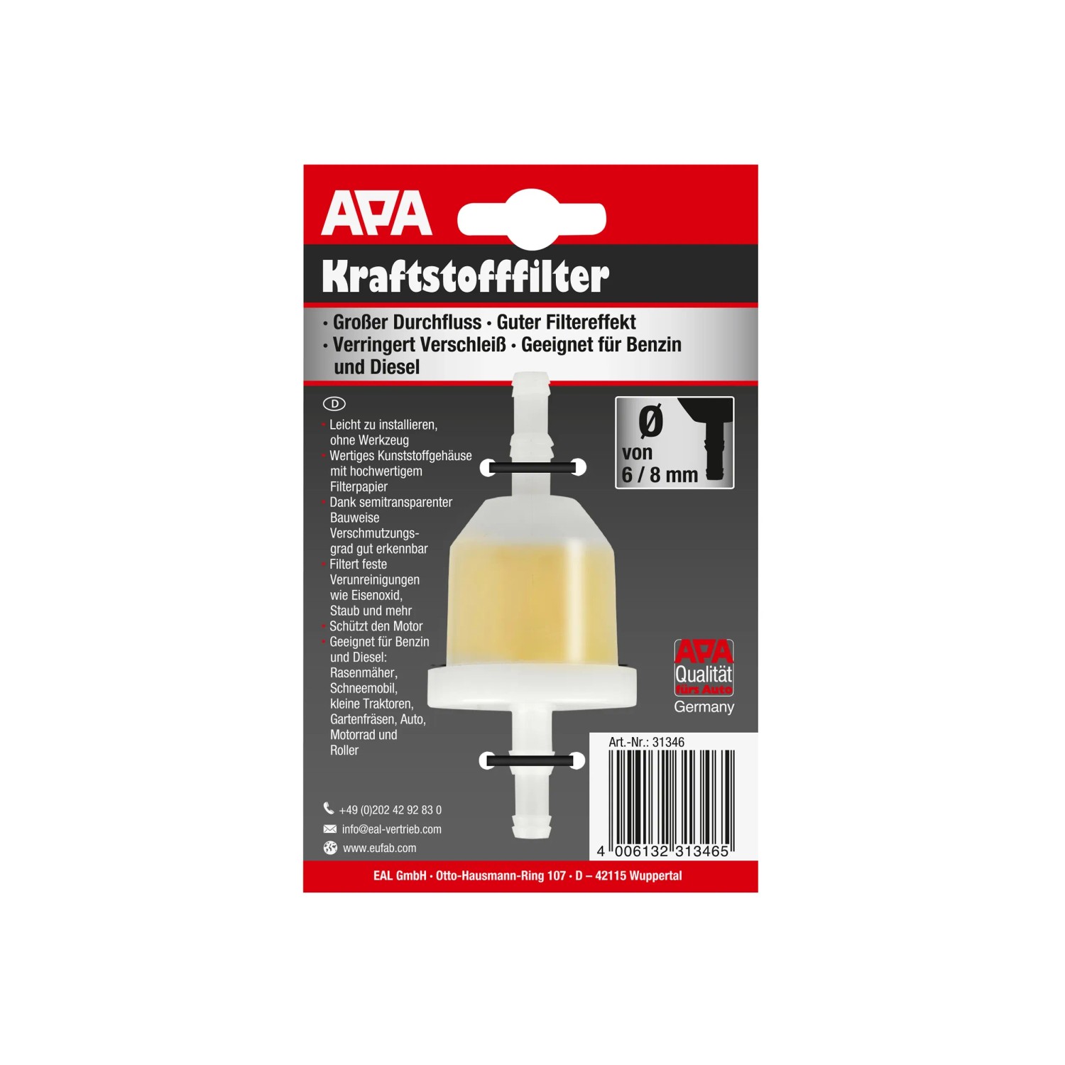 Apa Kraftstofffilter aus Kunststoff, transparent, 6-8 mm Durchmesser für Benzin- und Dieselmotoren.