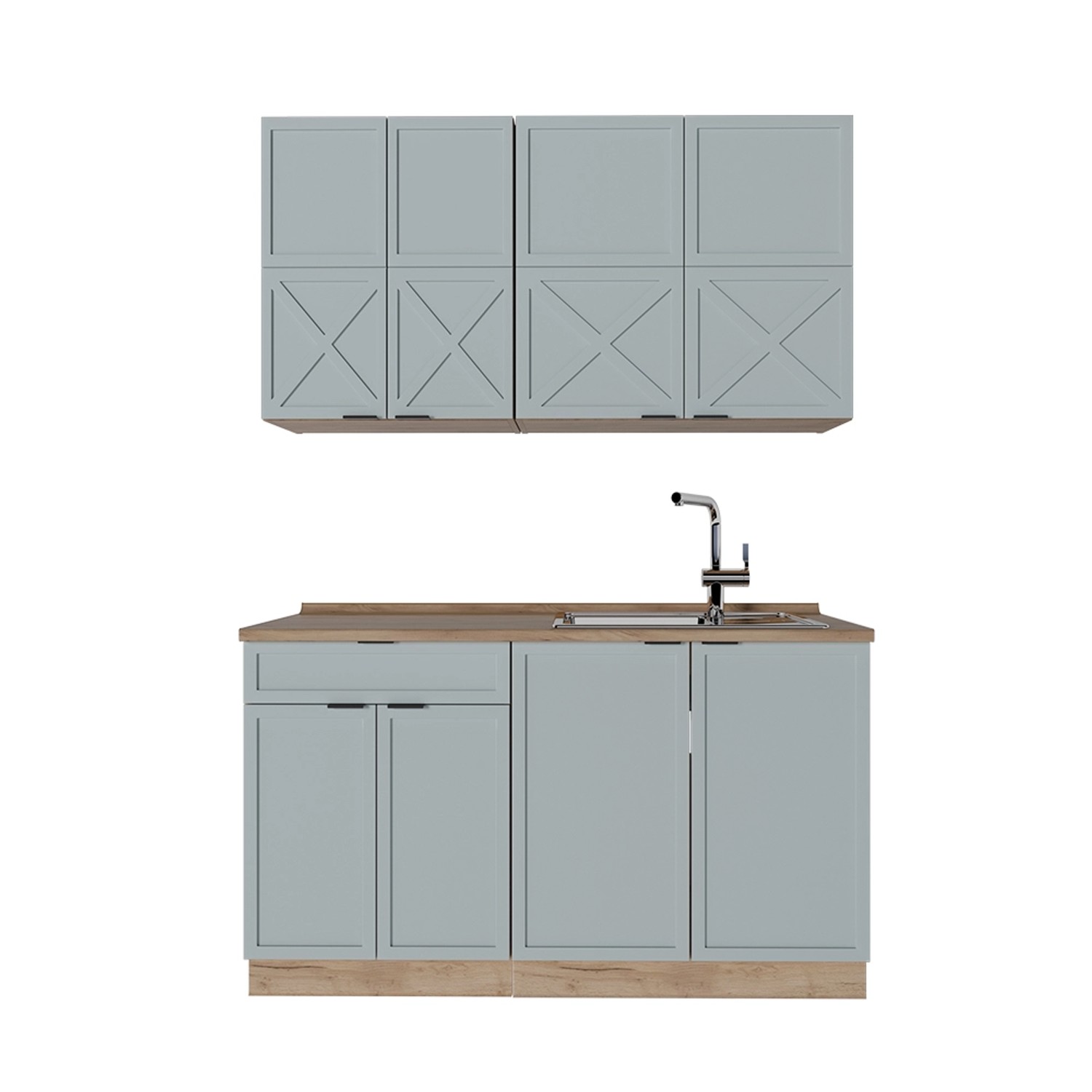 Vicco Fame-Line Singleküche Hellblau-grau/Goldkraft Eiche 140 cm AP Eiche